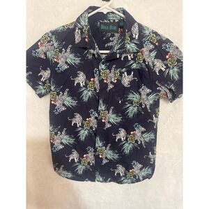 Bold Blue Kids Tropical Tiger Print Button Down Short Sleeve‎ Shirt